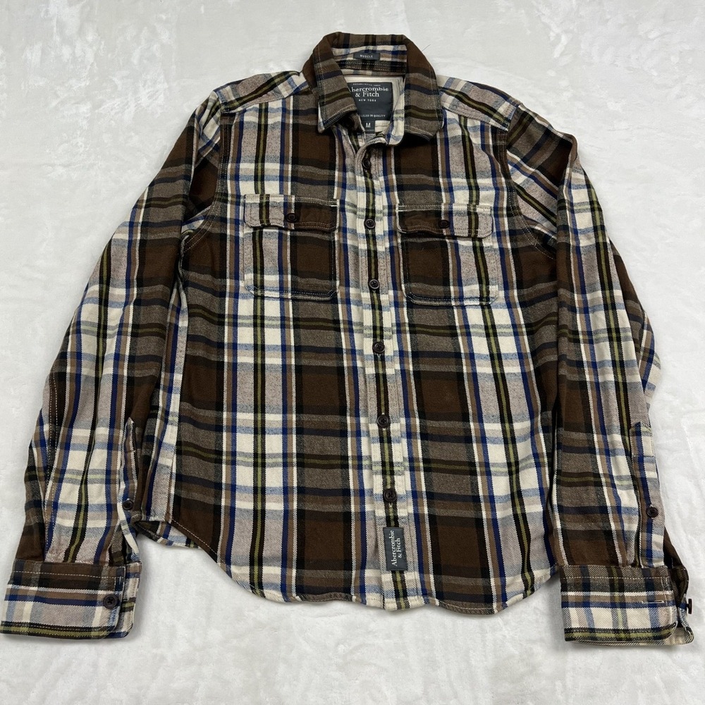 Abercrombie & Fitch Plaid Flannel Shirt Mens Medium Brown Muscle Fit Long Sleeve